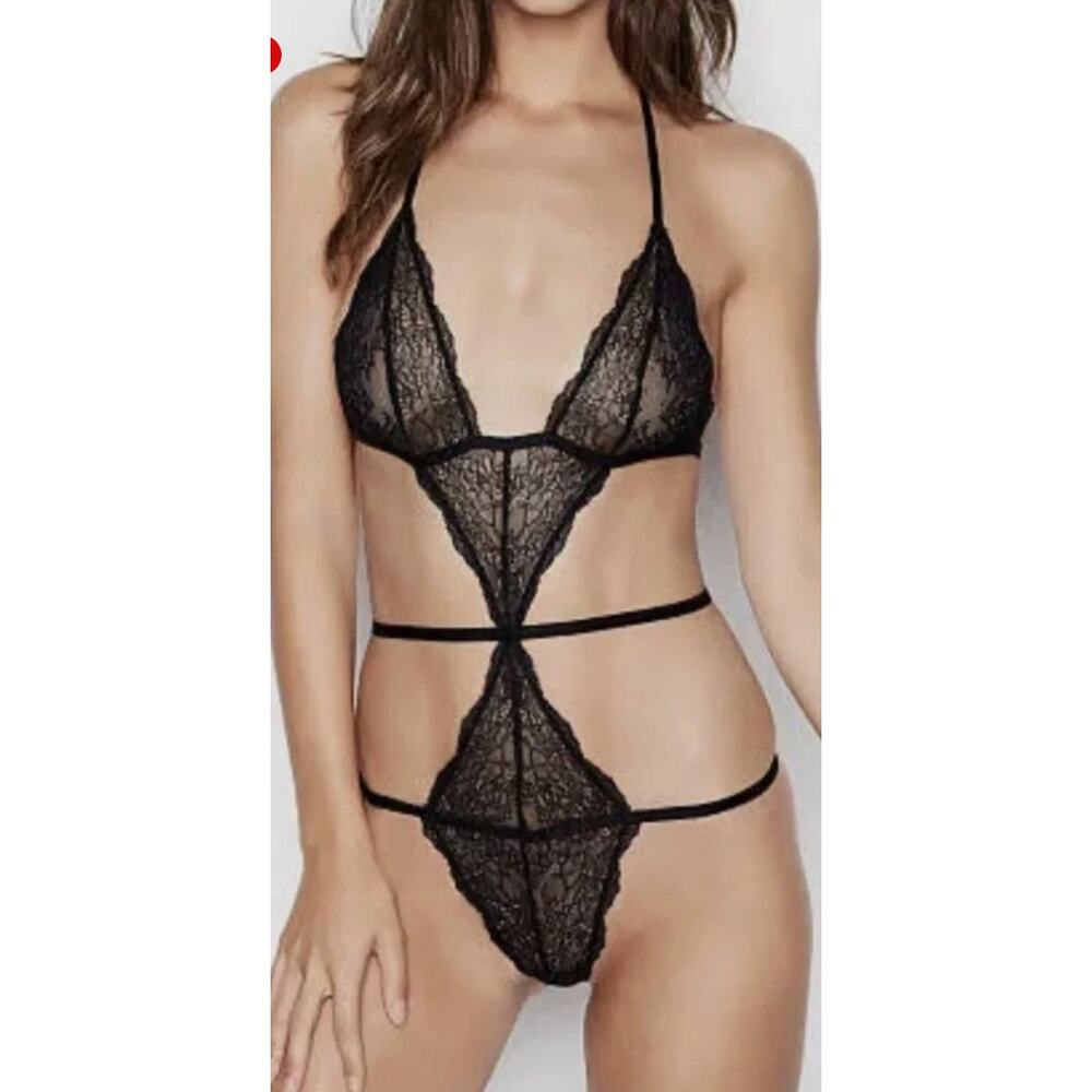 Victoria’s Secret Black Elastic Strappy Cut Out Laced Sexy Teddy Bodysuit Goth S